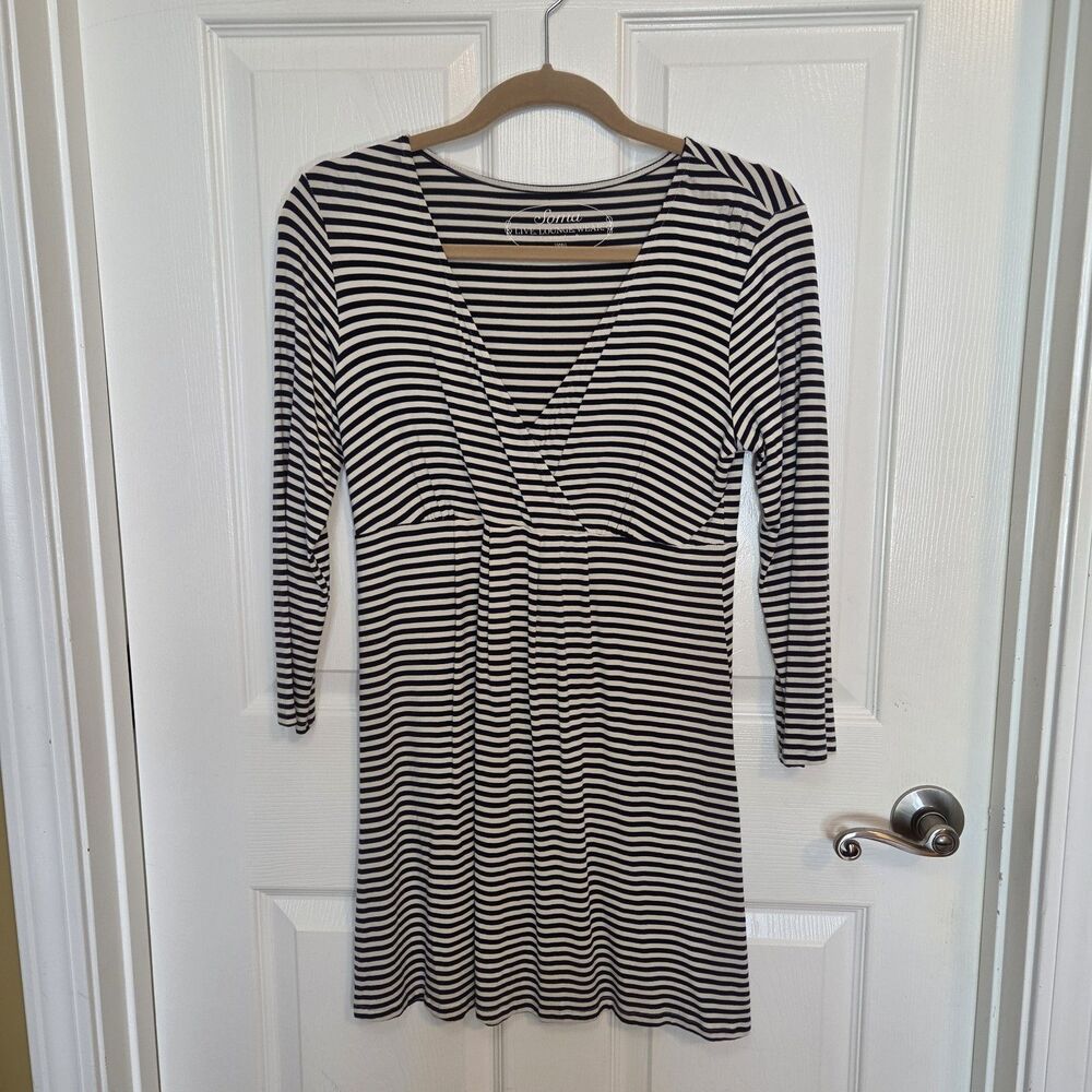Soma Navy Blue & White Striped V-Neck Empire Waist Jersey Dress Women's Small